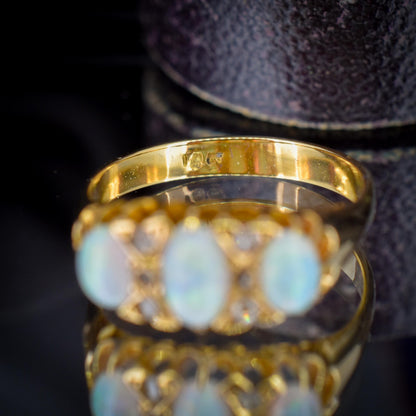 Antique Natural Opal and Diamond 18ct Yellow Gold Three Stone Ring
