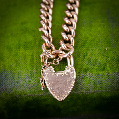 Antique Engraved Heart Padlock Fancy Curb 9ct Gold Bracelet