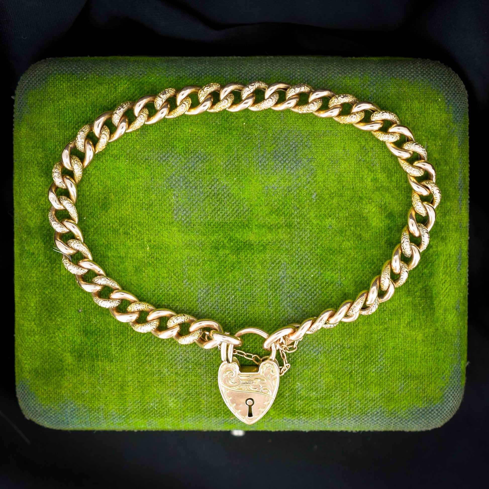 Antique Engraved Heart Padlock Fancy Curb 9ct Gold Bracelet