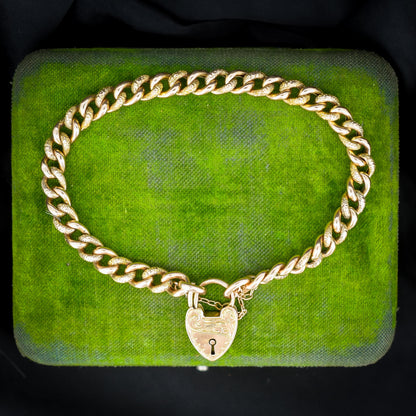 Antique Engraved Heart Padlock Fancy Curb 9ct Gold Bracelet