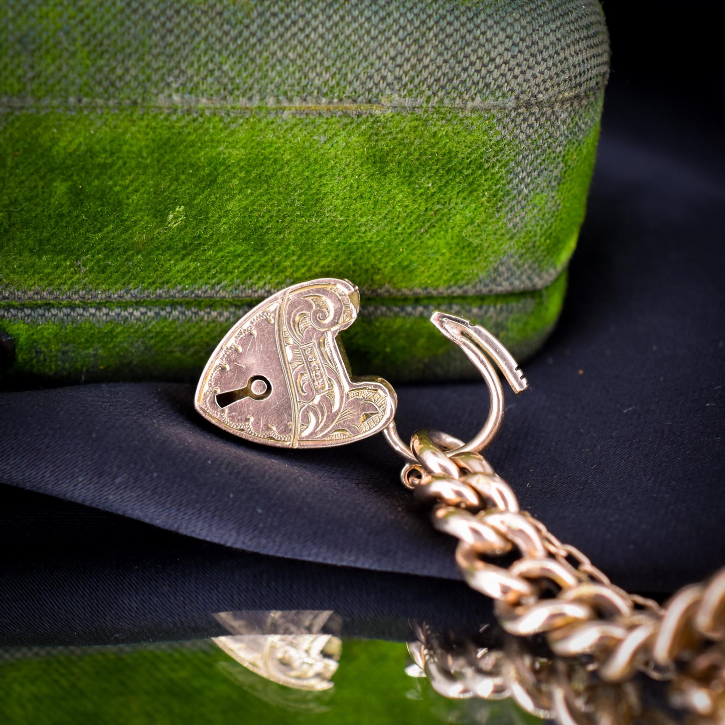 Antique Engraved Heart Padlock Fancy Curb 9ct Gold Bracelet