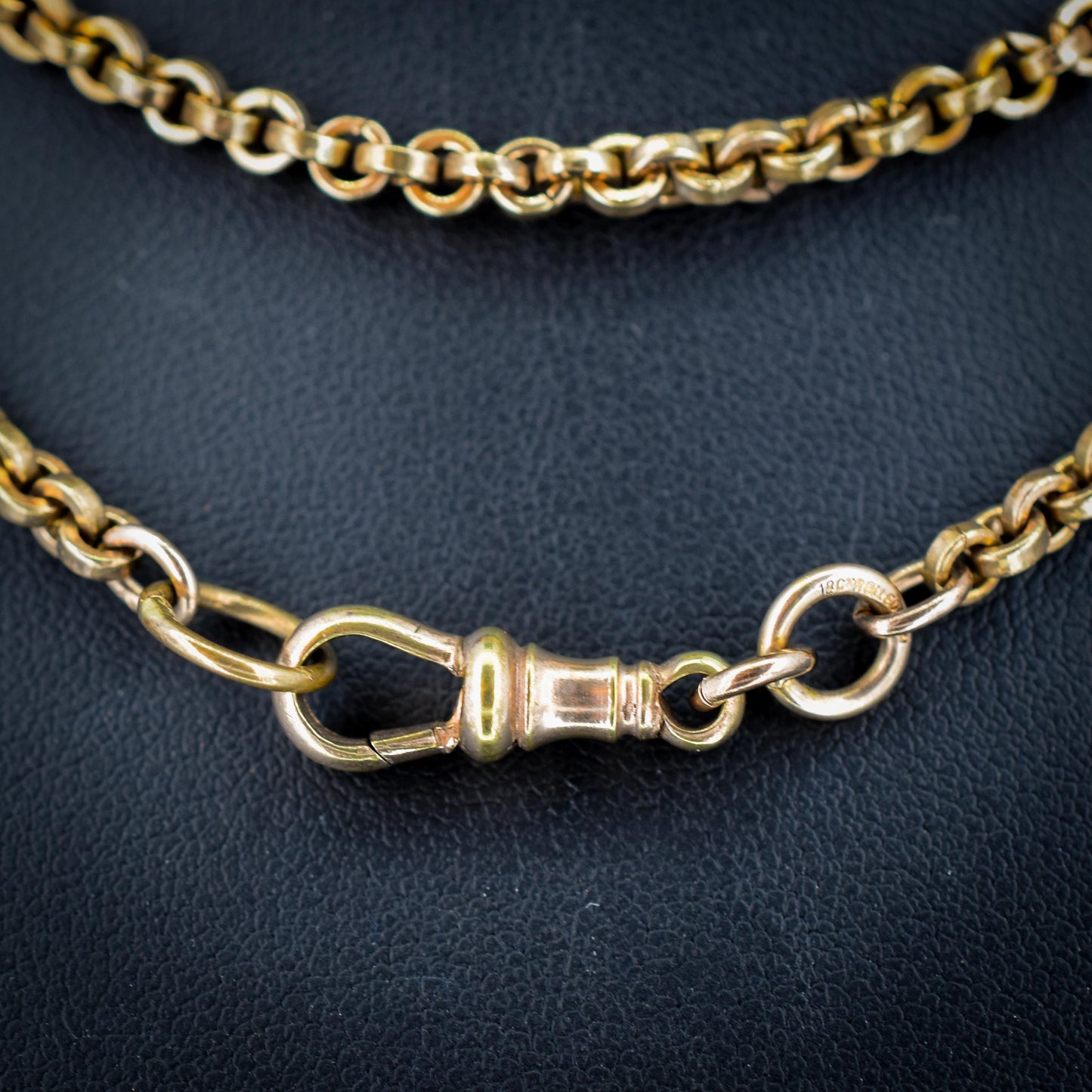 Antique 18ct Rolled Gold Rolo Link Guard Muff Chain Necklace with Dog Clip | 56"