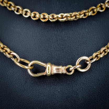 Antique 18ct Rolled Gold Rolo Link Guard Muff Chain Necklace with Dog Clip | 56"