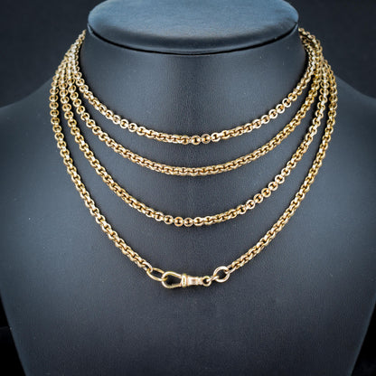 Antique 18ct Rolled Gold Rolo Link Guard Muff Chain Necklace with Dog Clip | 56"