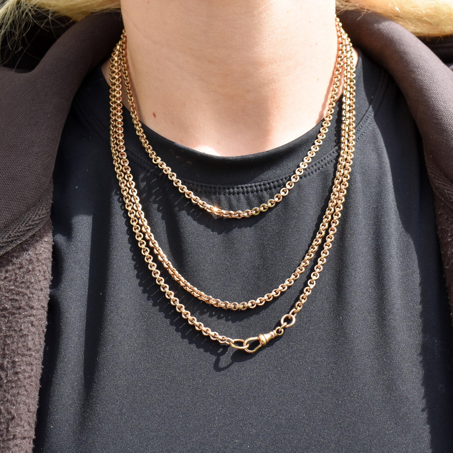 Antique 18ct Rolled Gold Rolo Link Guard Muff Chain Necklace with Dog Clip | 56"