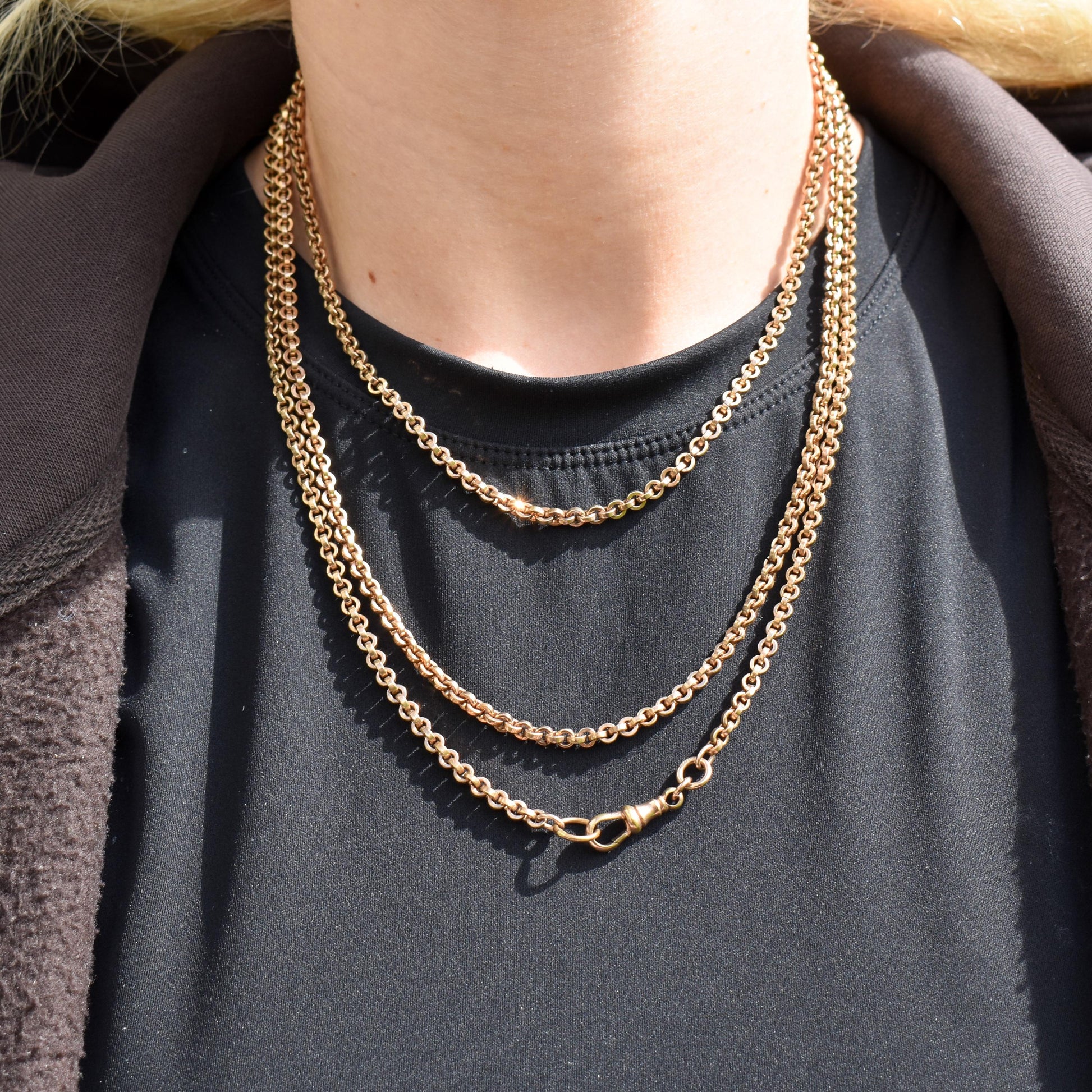 Antique 18ct Rolled Gold Rolo Link Guard Muff Chain Necklace with Dog Clip | 56"