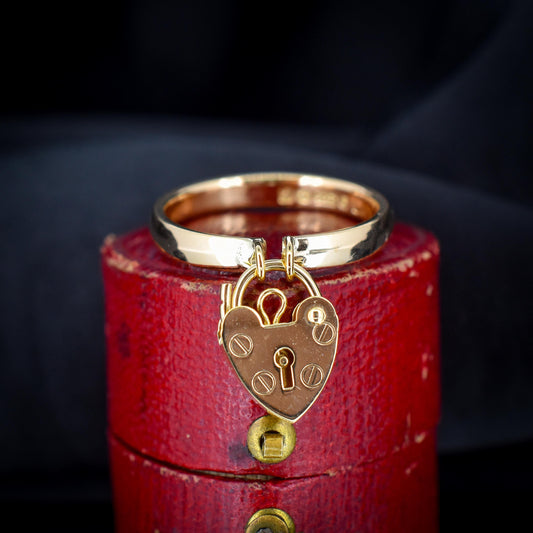 Vintage Heart Padlock Drop 9ct Gold Band Ring | B'ham 1930