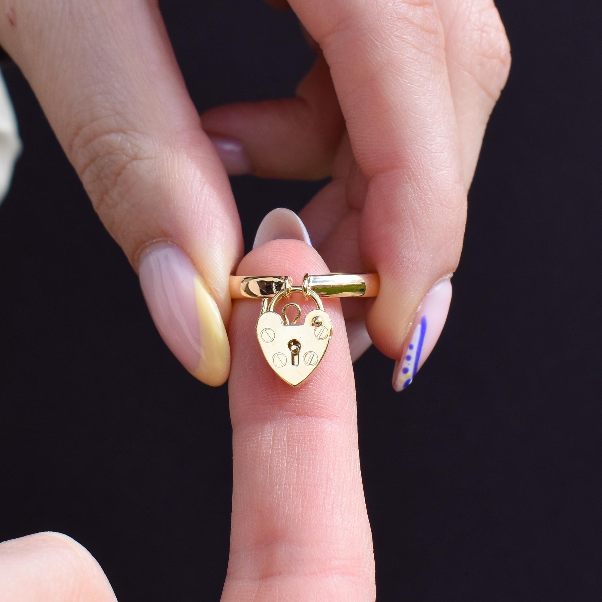 Vintage Heart Padlock Drop 9ct Gold Band Ring | B'ham 1930