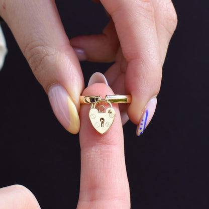 Vintage Heart Padlock Drop 9ct Gold Band Ring | B'ham 1930