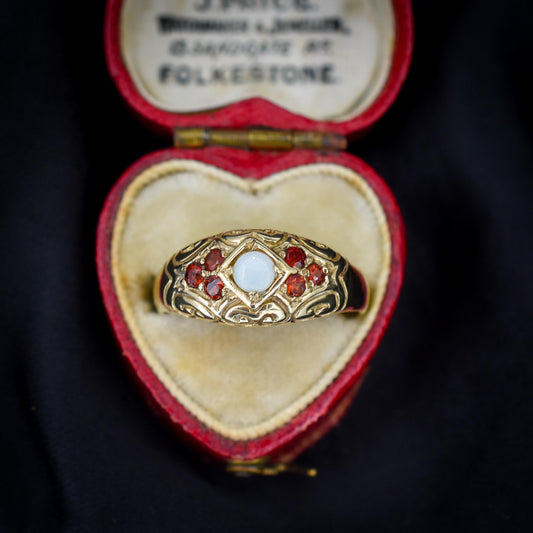 Vintage Natural Opal and Garnet 9ct Gold Scroll Boat Ring