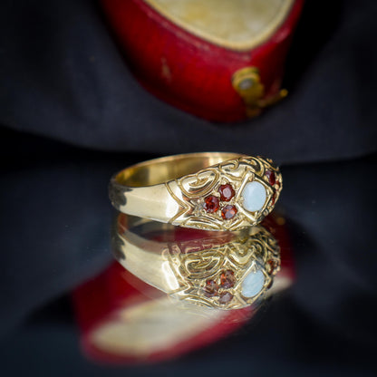 Vintage Natural Opal and Garnet 9ct Gold Scroll Boat Ring