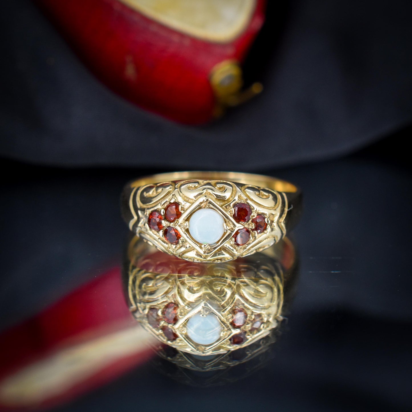 Vintage Natural Opal and Garnet 9ct Gold Scroll Boat Ring