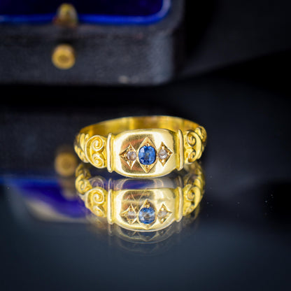 Antique Sapphire and Diamond Starburst Gypsy 18ct Yellow Gold Ring - Chester