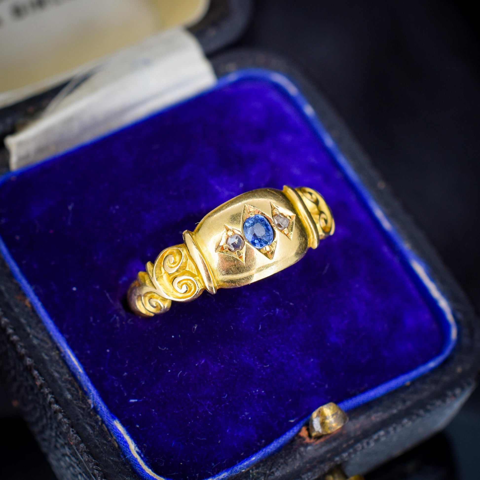 Antique Sapphire and Diamond Starburst Gypsy 18ct Yellow Gold Ring - Chester