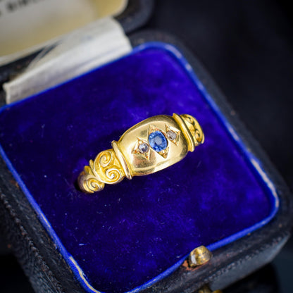Antique Sapphire and Diamond Starburst Gypsy 18ct Yellow Gold Ring - Chester