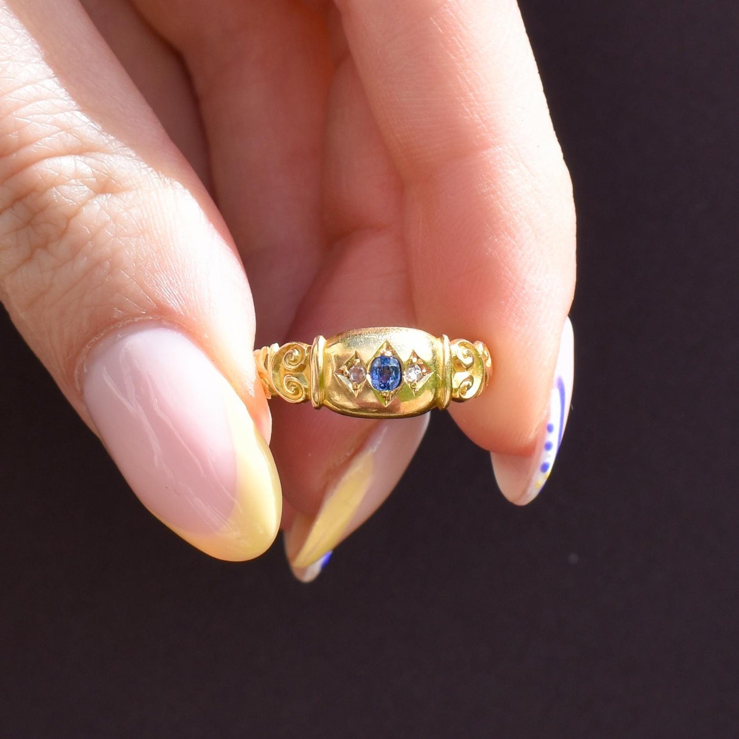 Antique Sapphire and Diamond Starburst Gypsy 18ct Yellow Gold Ring - Chester