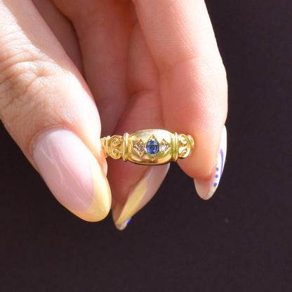 Antique Sapphire and Diamond Starburst Gypsy 18ct Yellow Gold Ring - Chester