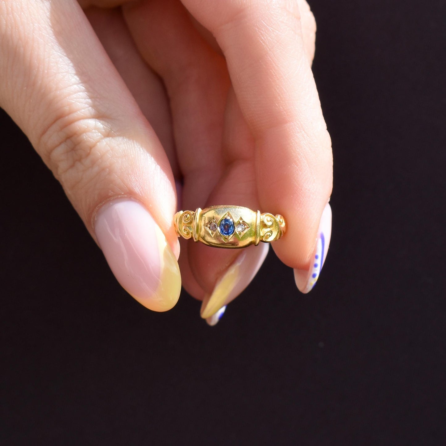 Antique Sapphire and Diamond Starburst Gypsy 18ct Yellow Gold Ring - Chester