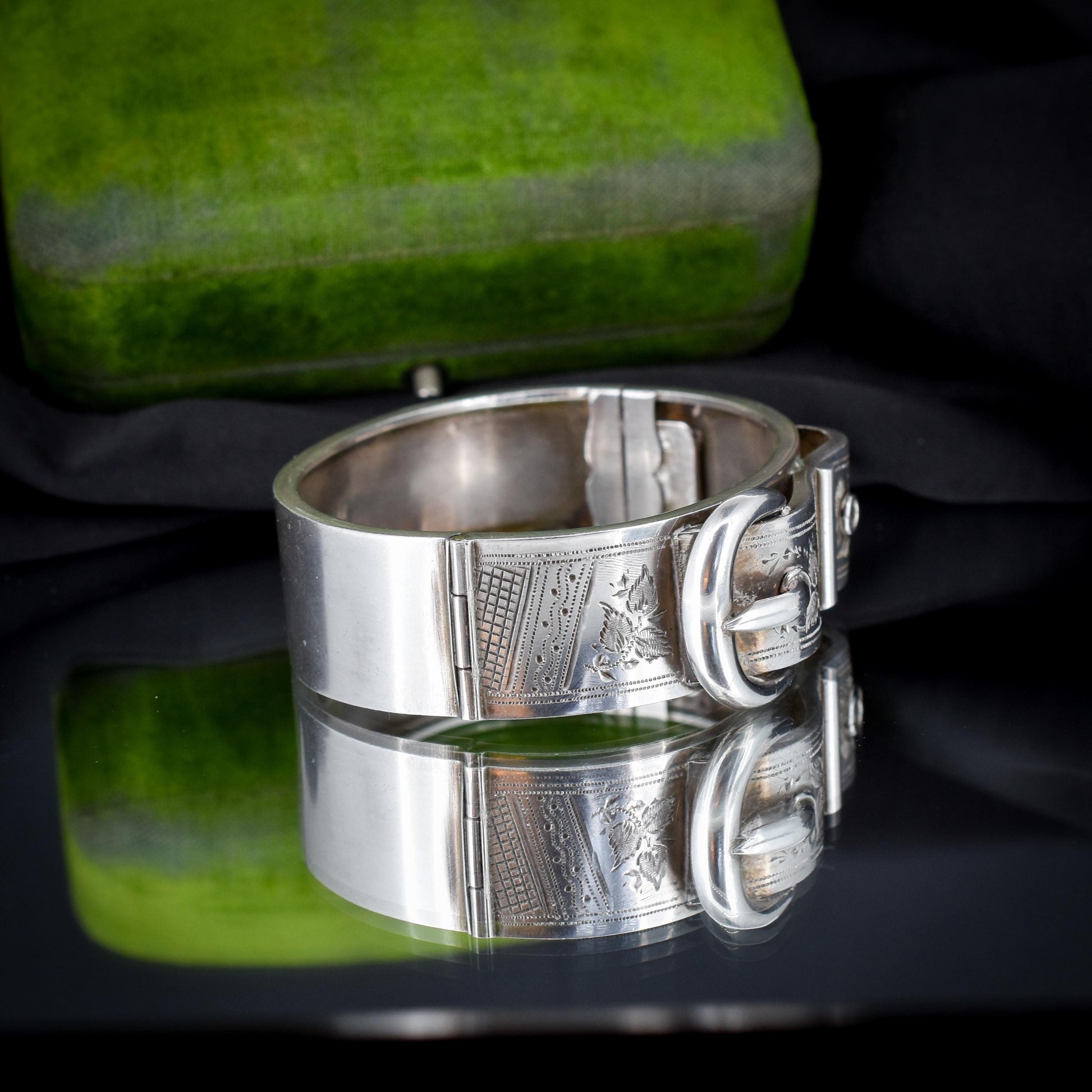 Antique Victorian Sterling Silver Buckle Ivy Leaf Bangle Bracelet | Dated 1886