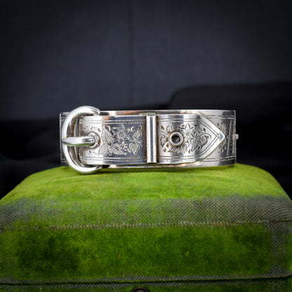 Antique Victorian Sterling Silver Buckle Ivy Leaf Bangle Bracelet | Dated 1886
