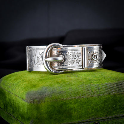 Antique Victorian Sterling Silver Buckle Ivy Leaf Bangle Bracelet | Dated 1886