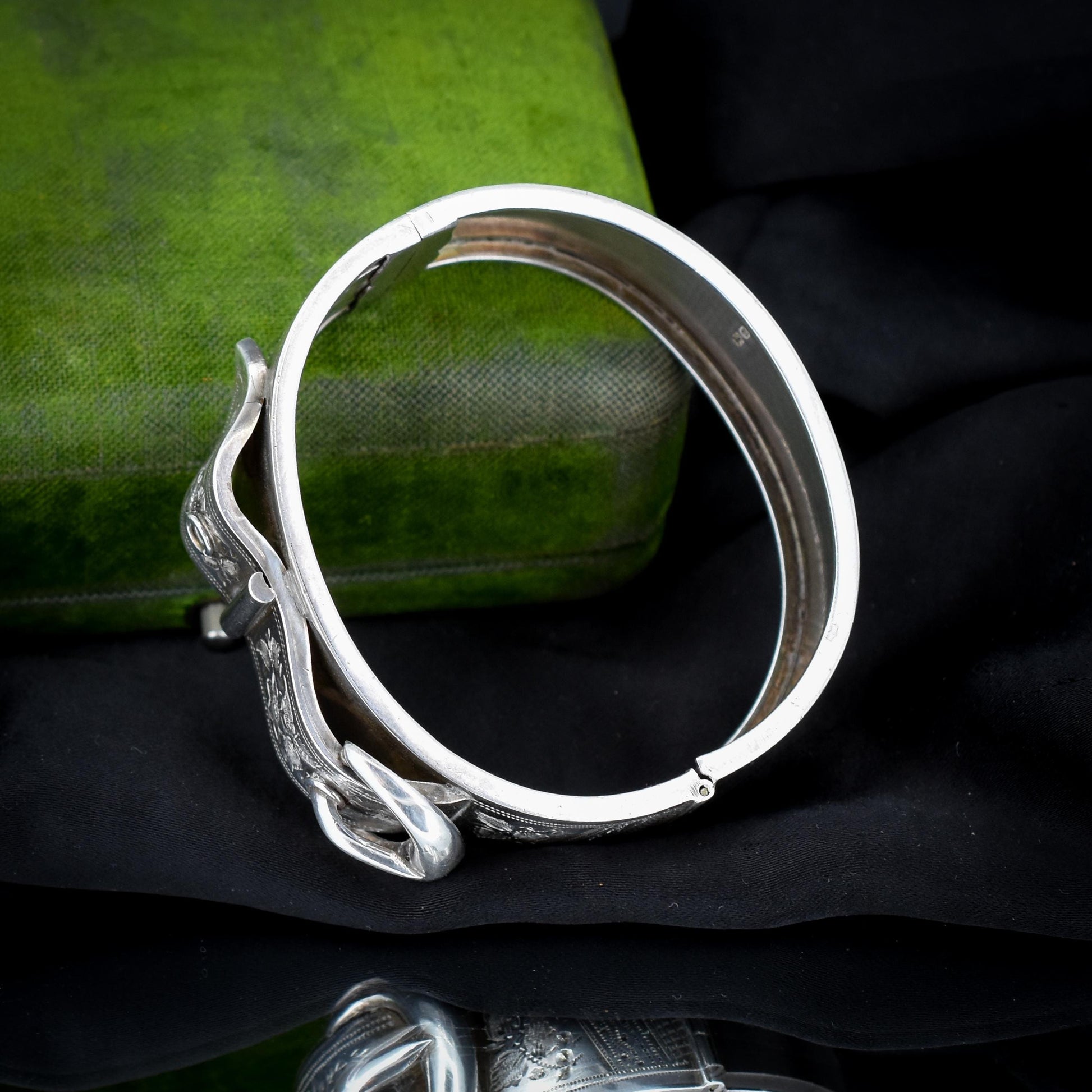 Antique Victorian Sterling Silver Buckle Ivy Leaf Bangle Bracelet | Dated 1886