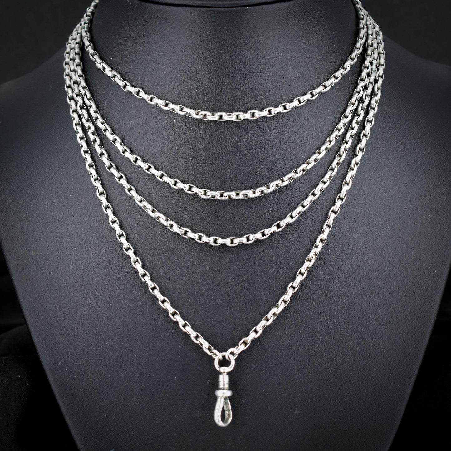 Antique Silver Long Guard Chain Necklace with Dog Clip | 59" Length