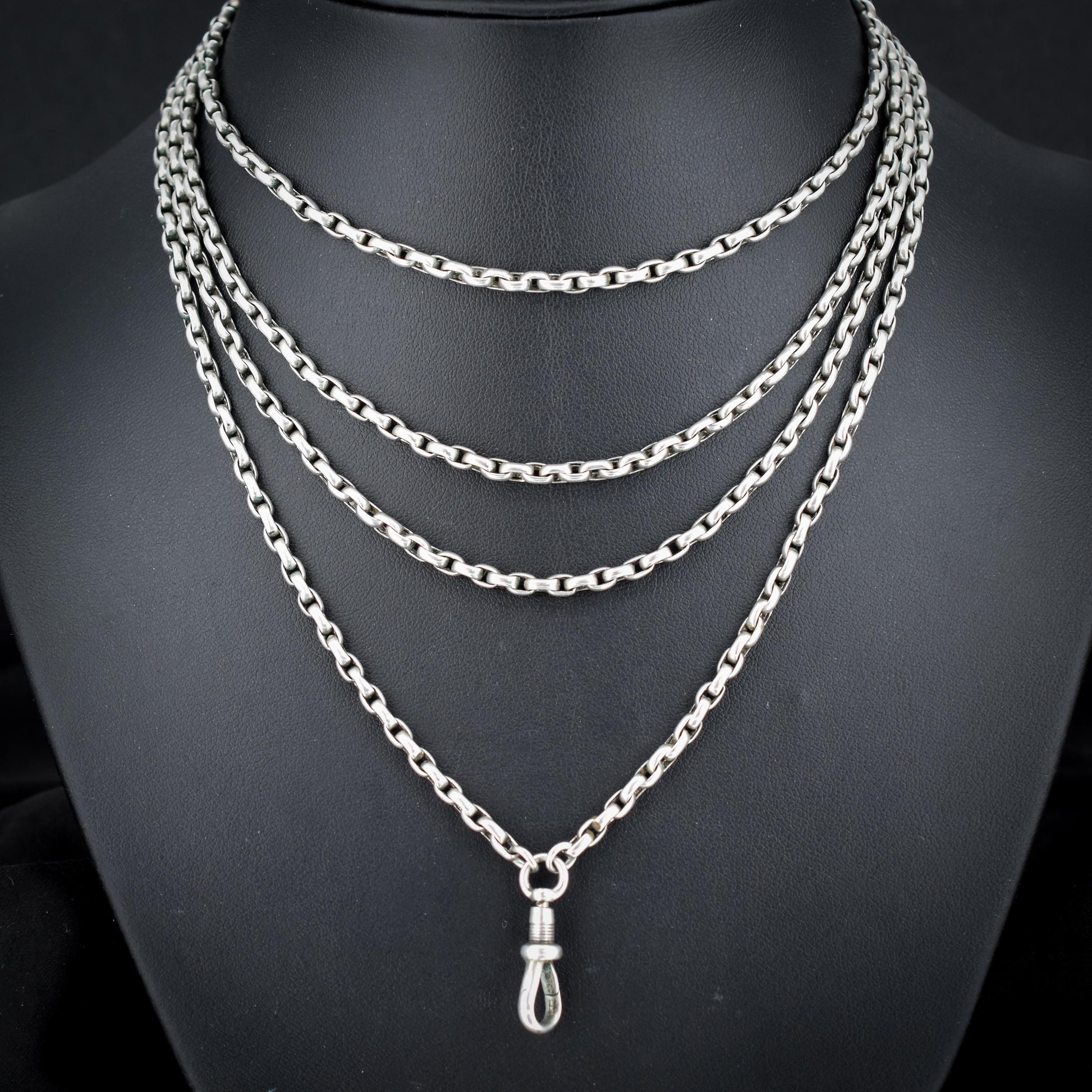 Antique Silver Long Guard Chain Necklace with Dog Clip | 59" Length