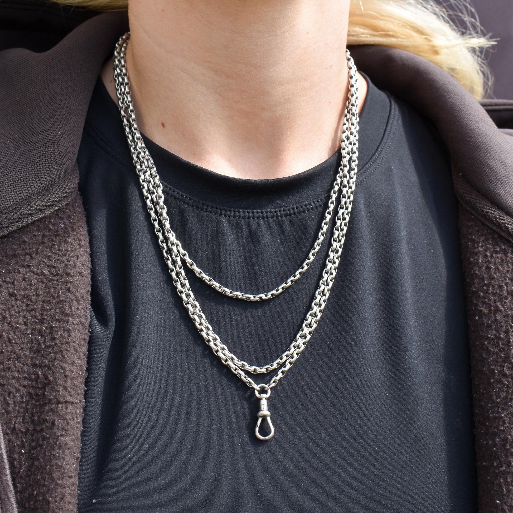 Antique Silver Long Guard Chain Necklace with Dog Clip | 59" Length