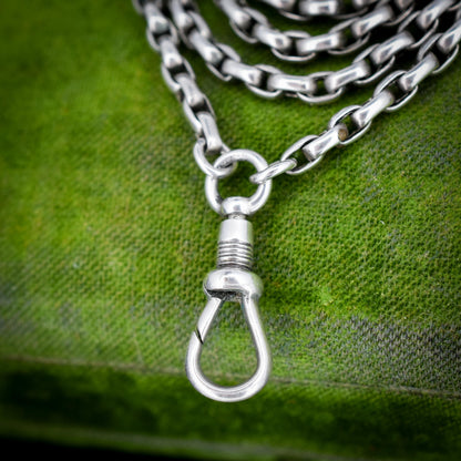 Antique Silver Long Guard Chain Necklace with Dog Clip | 59" Length