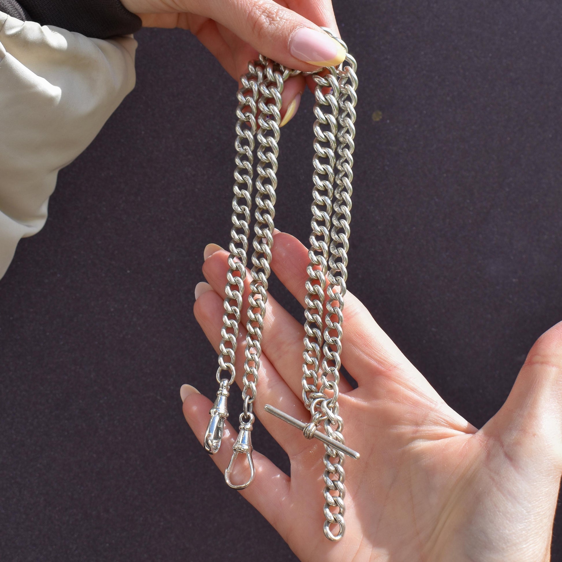 Antique 105g Heavy Albert Watch Chain Necklace with T-Bar and Dog Clips | 25"