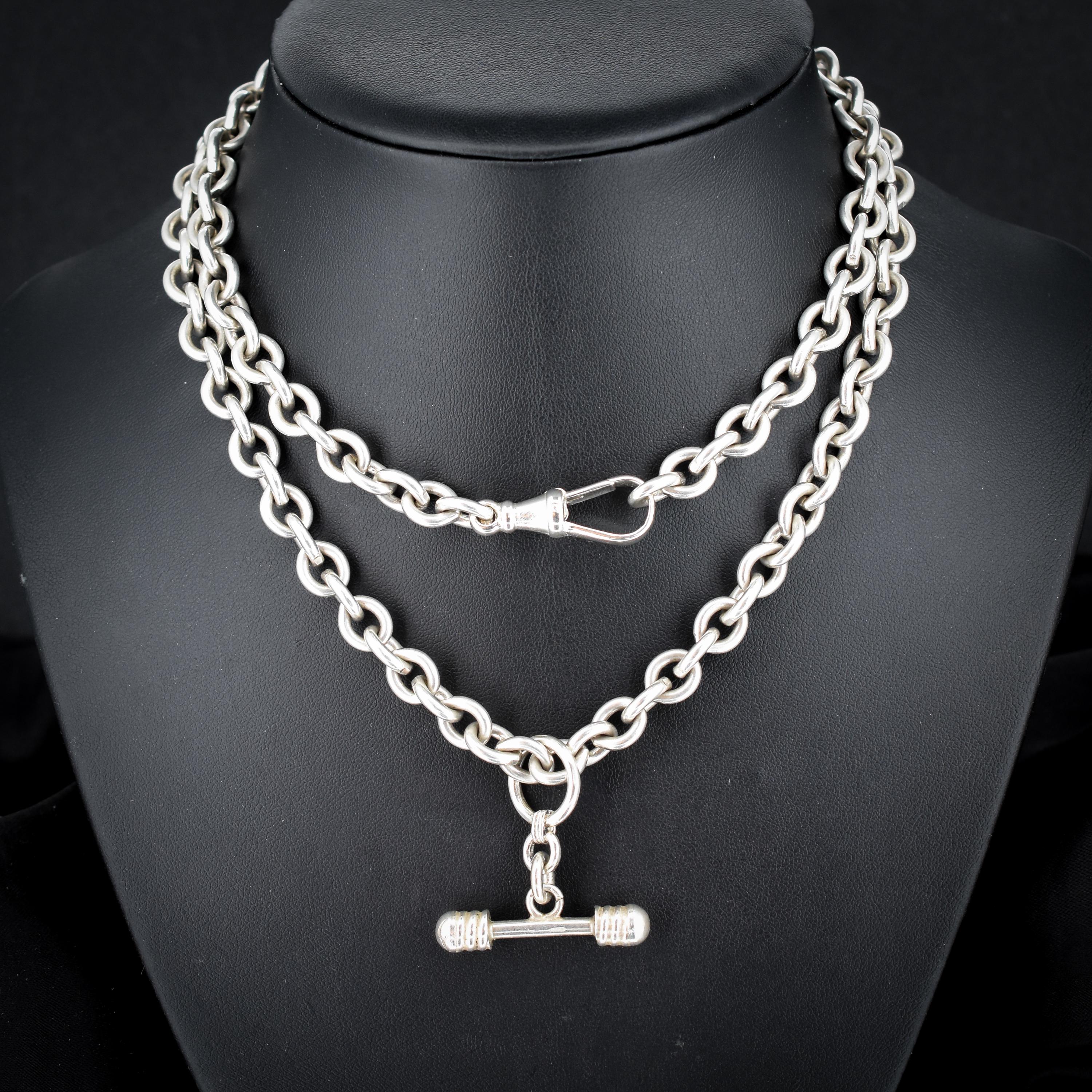 Vintage 107g Silver Oval Cable Link Chain Necklace with Sliding T