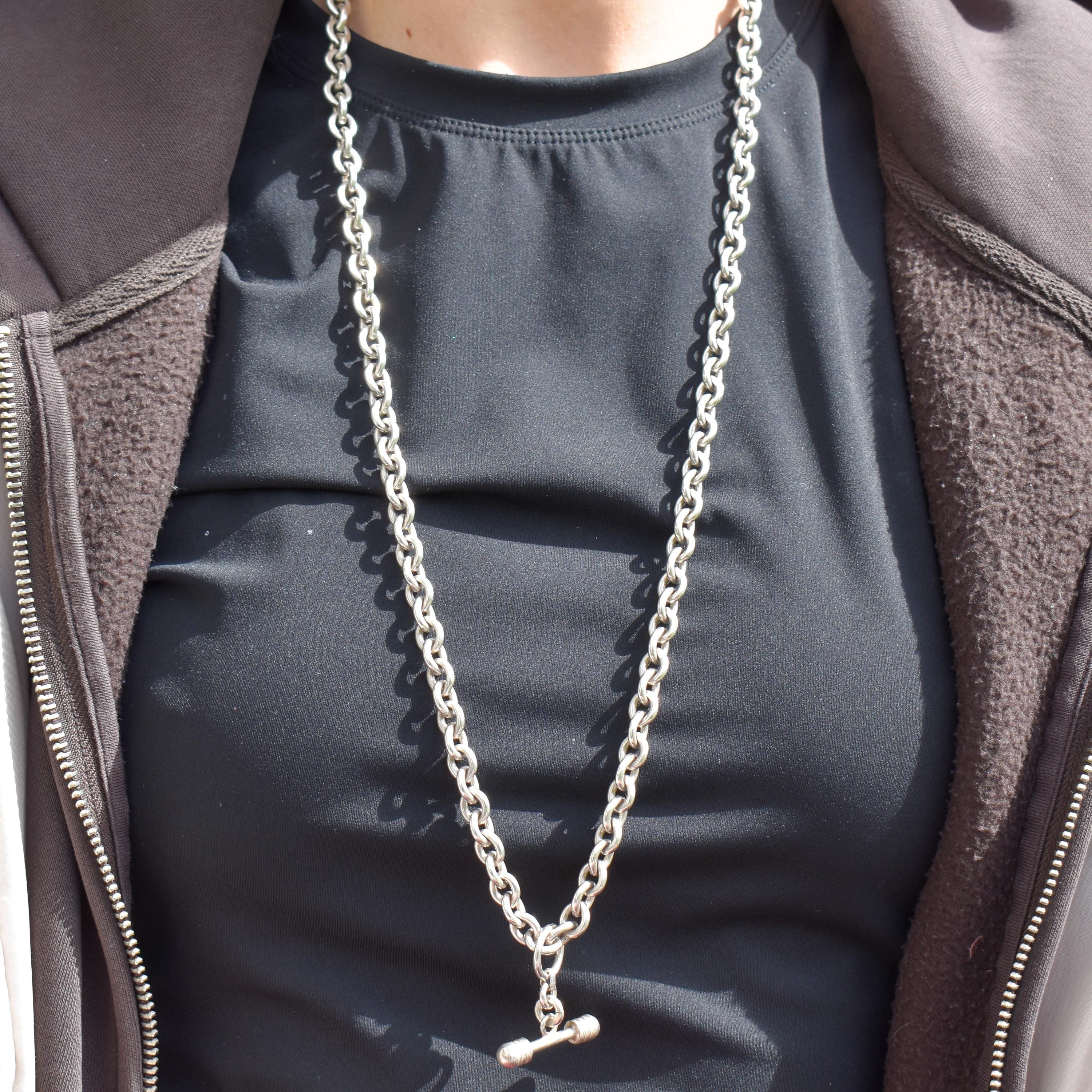 Vintage 107g Silver Oval Cable Link Chain Necklace with Sliding T