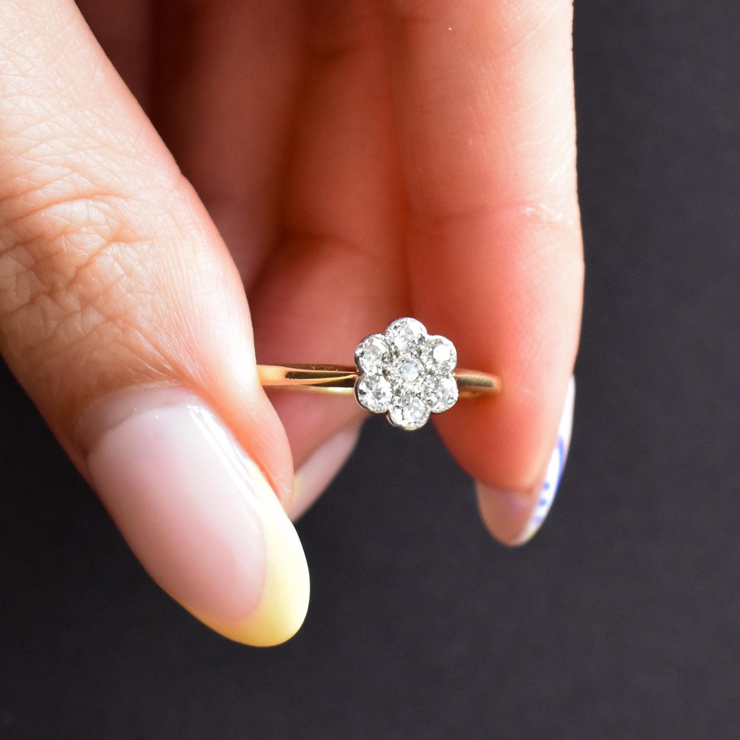 Antique Diamond Cluster Daisy 18ct Yellow Gold and Platinum Ring