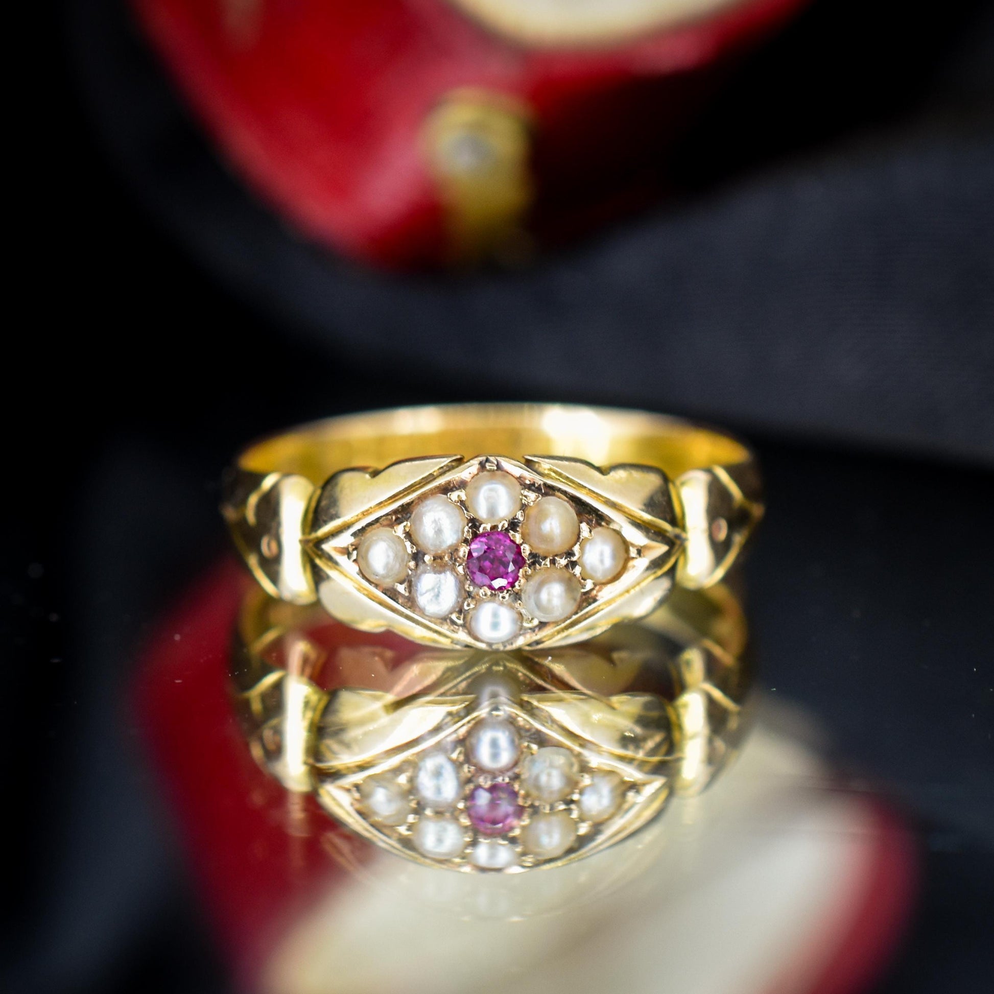 Antique Victorian Ruby and Pearl 18ct Gold Band Ring - Dated 1894