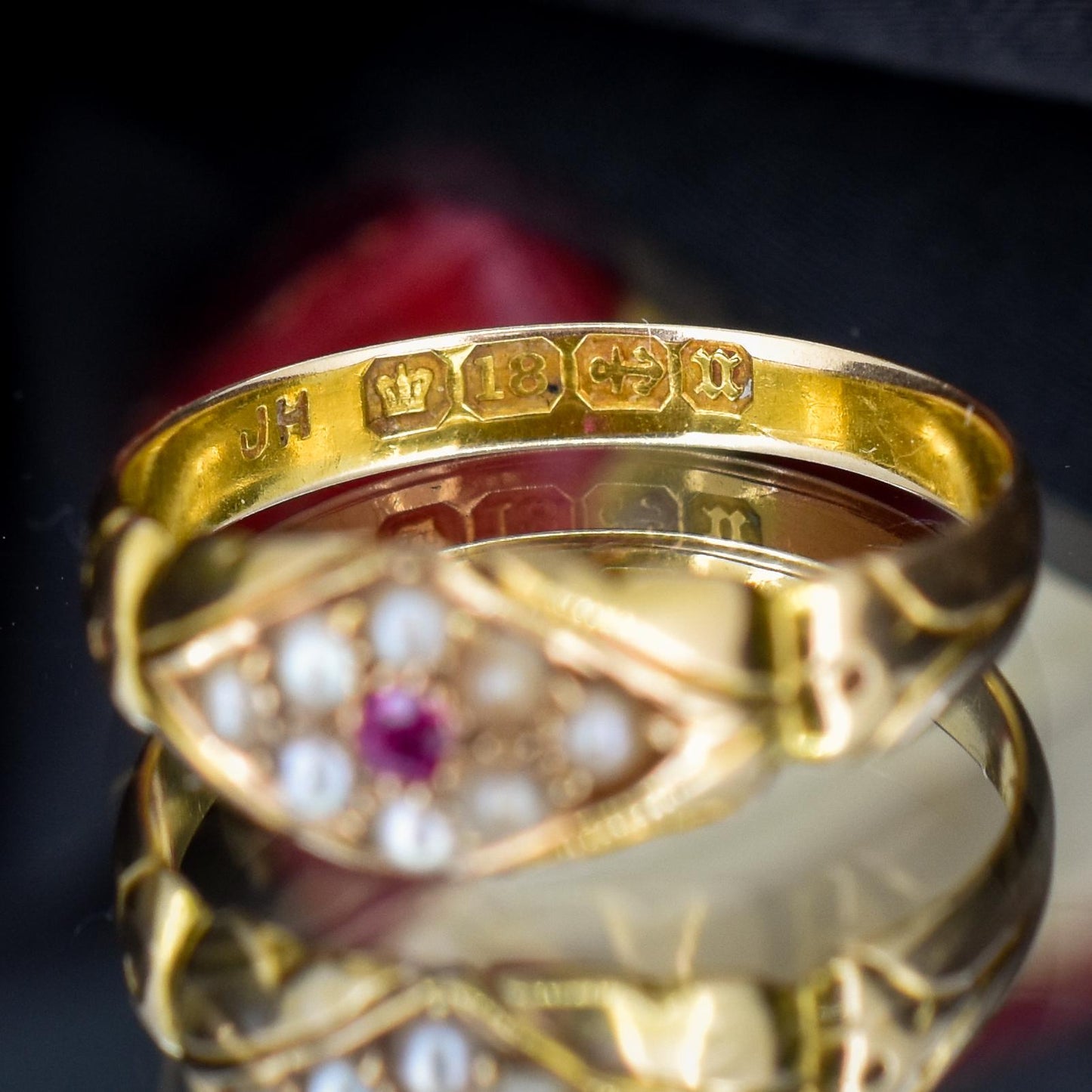 Antique Victorian Ruby and Pearl 18ct Gold Band Ring - Dated 1894