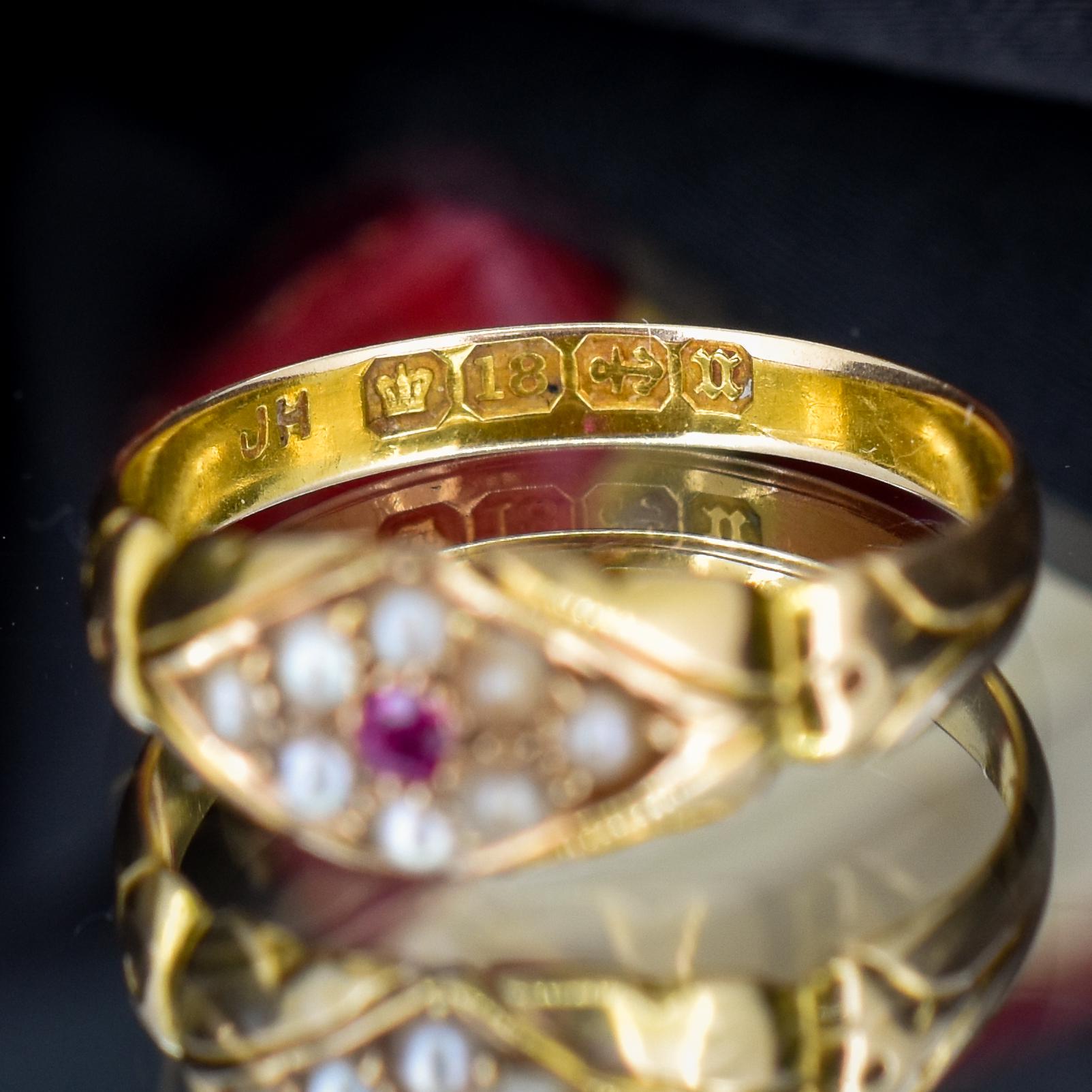Antique Victorian Ruby and Pearl 18ct Gold Band Ring - Dated 1894
