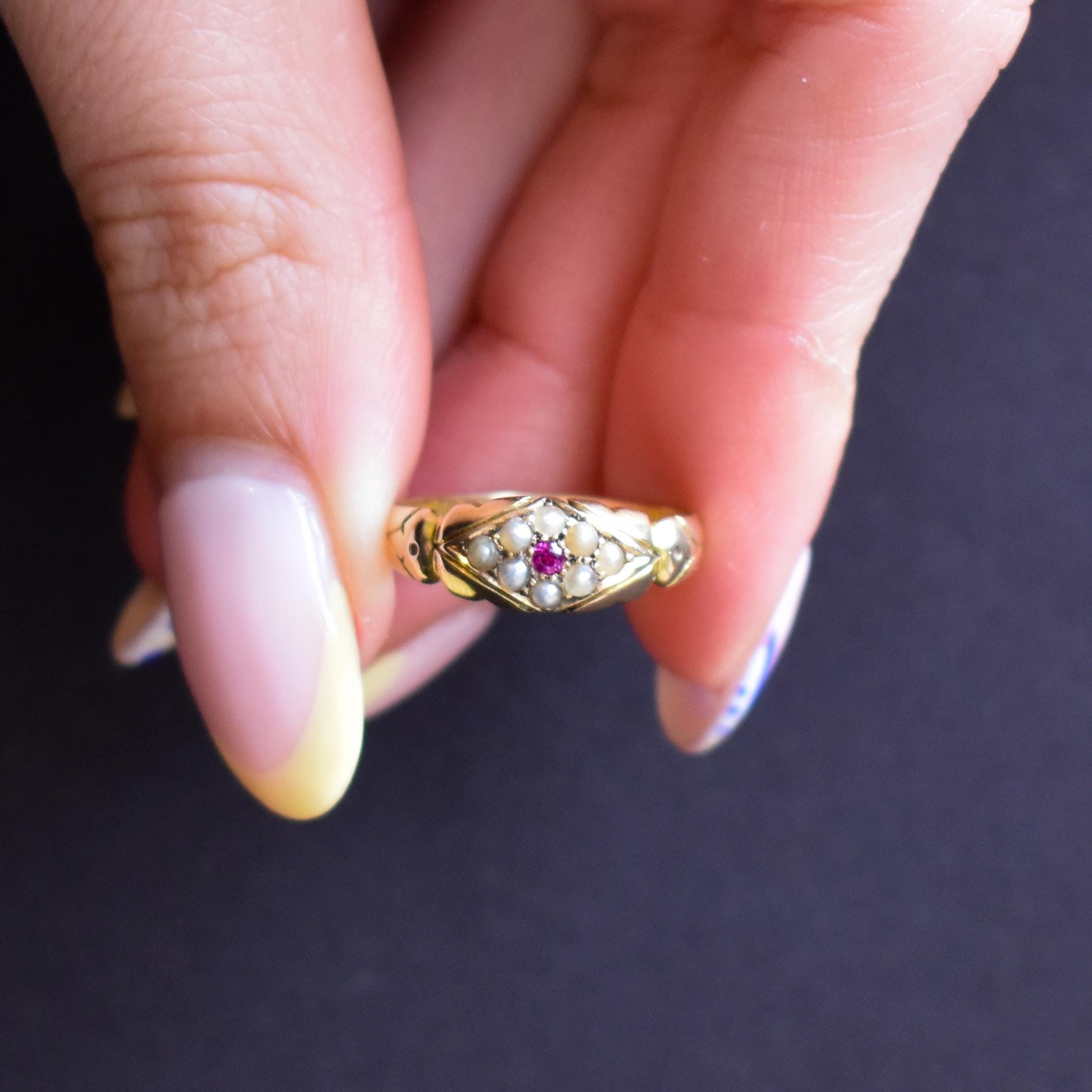 Antique Victorian Ruby and Pearl 18ct Gold Band Ring - Dated 1894