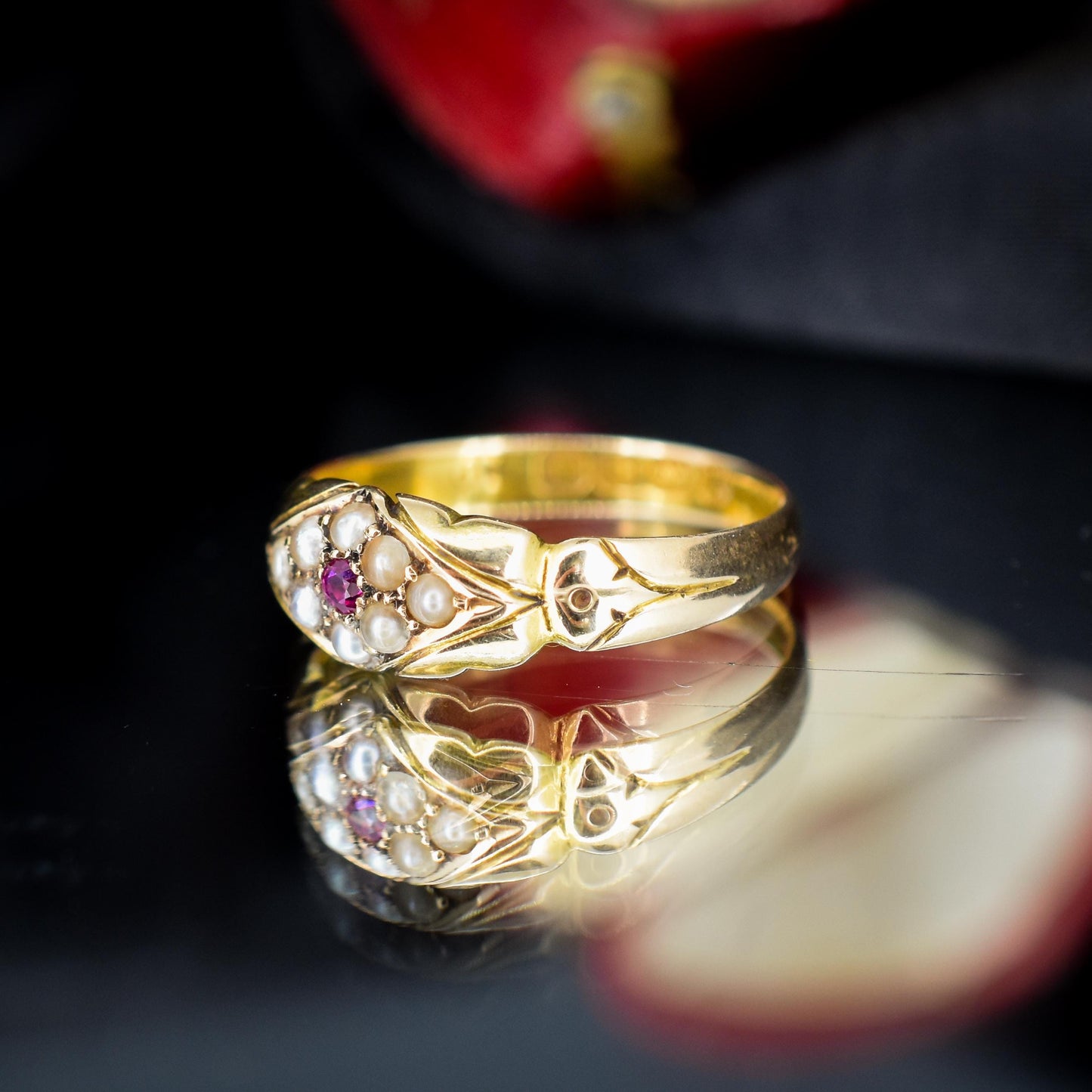 Antique Victorian Ruby and Pearl 18ct Gold Band Ring - Dated 1894