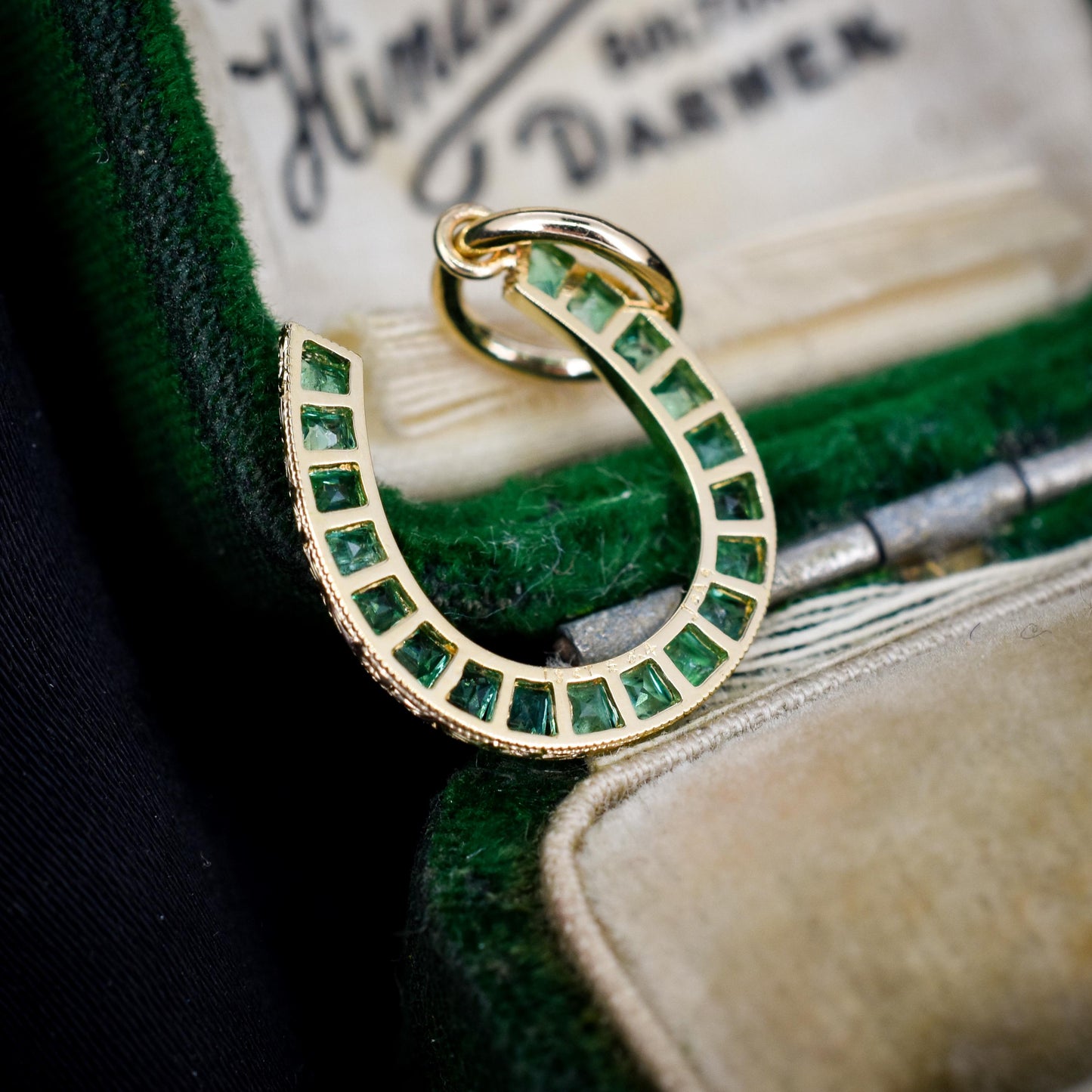 0.40ct French Cut Emerald Horseshoe 18ct Gold Charm Pendant