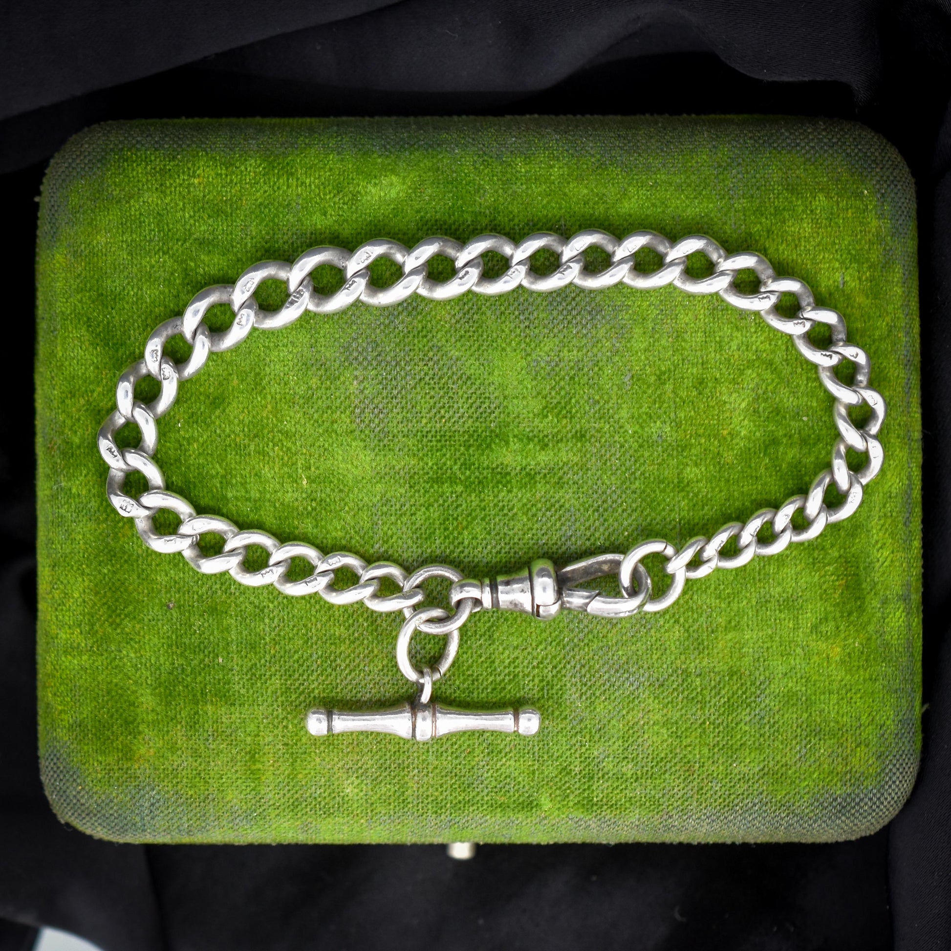 Antique Graduated Curb Sterling Silver Bracelet with Dog Clip and T-bar | 7.5"
