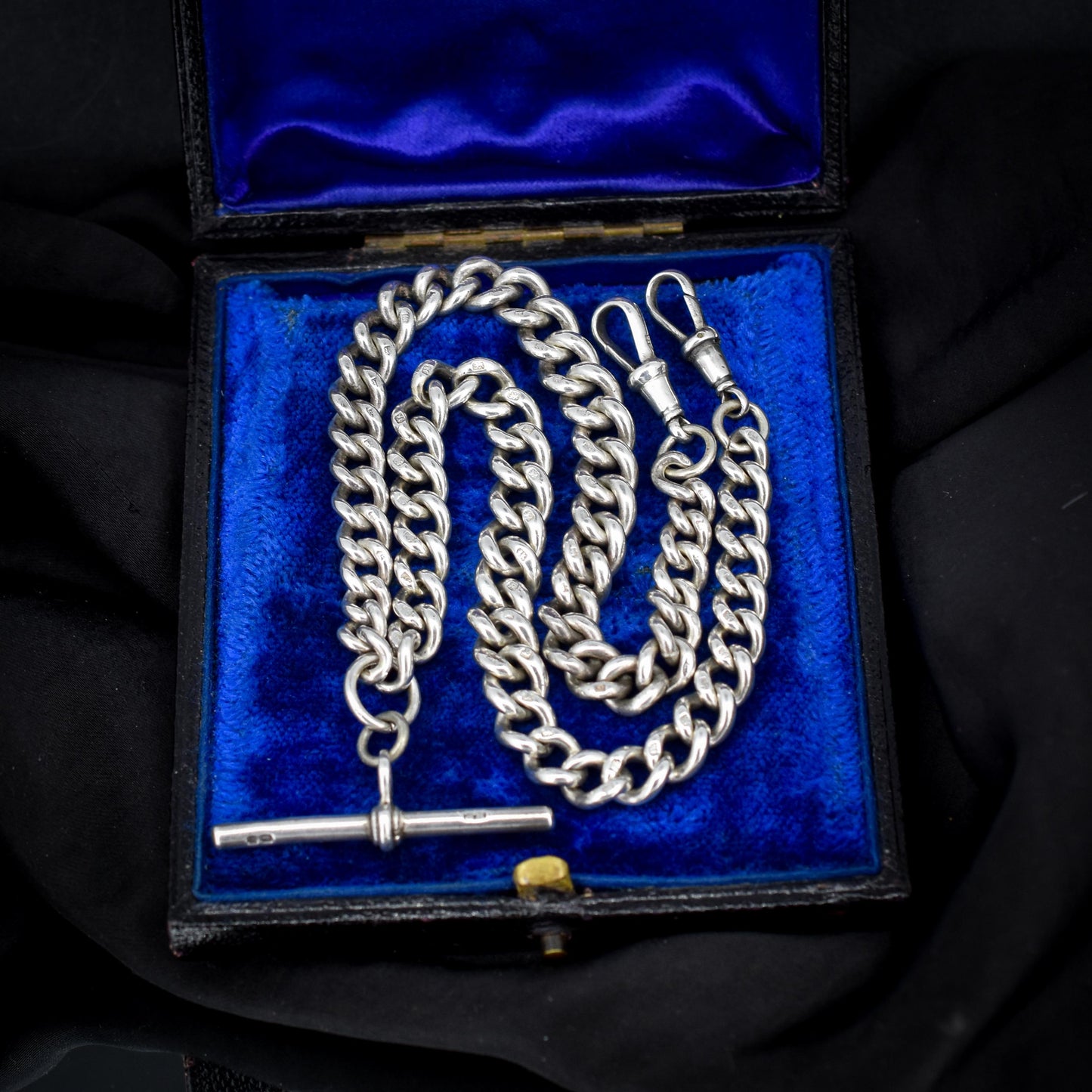 Antique Sterling Silver Curb Link Albert Watch Chain Necklace with T-Bar and Dog Clips – 16"