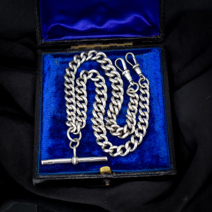 Antique Sterling Silver Curb Link Albert Watch Chain Necklace with T-Bar and Dog Clips – 16"