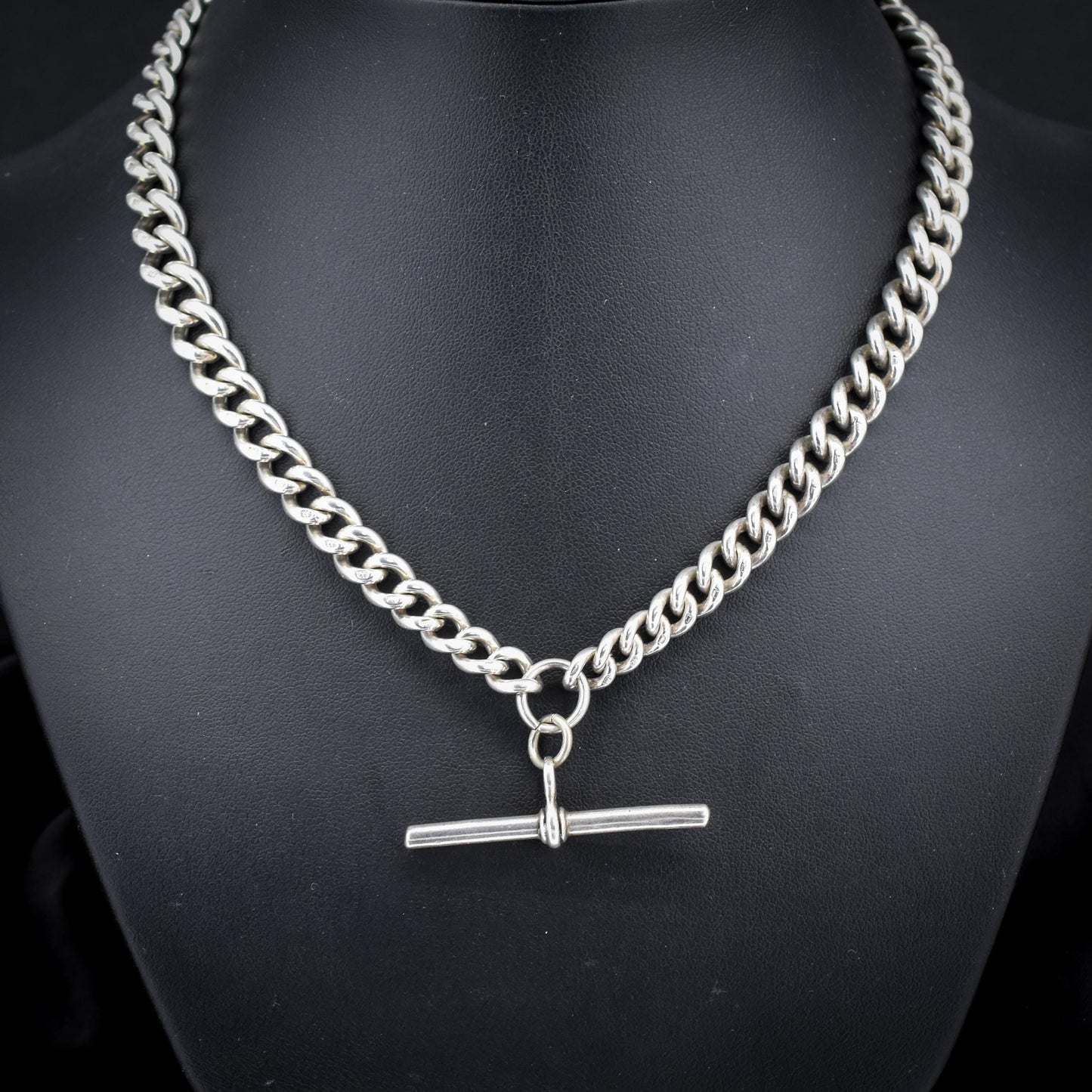 Antique Sterling Silver Curb Link Albert Watch Chain Necklace with T-Bar and Dog Clips – 16"