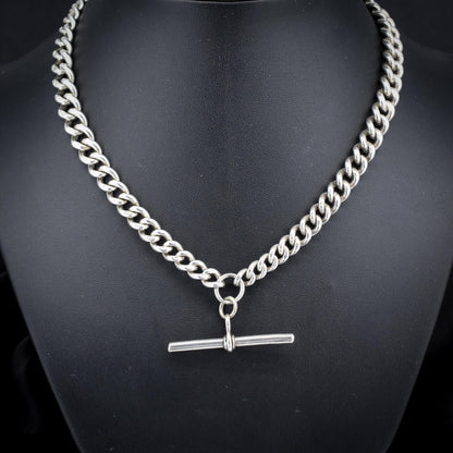 Antique Sterling Silver Curb Link Albert Watch Chain Necklace with T-Bar and Dog Clips – 16"