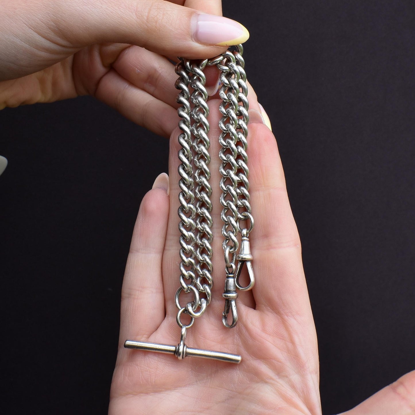 Antique Sterling Silver Curb Link Albert Watch Chain Necklace with T-Bar and Dog Clips – 16"