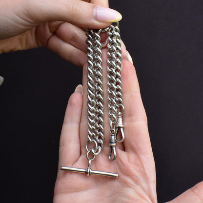 Antique Sterling Silver Curb Link Albert Watch Chain Necklace with T-Bar and Dog Clips – 16"