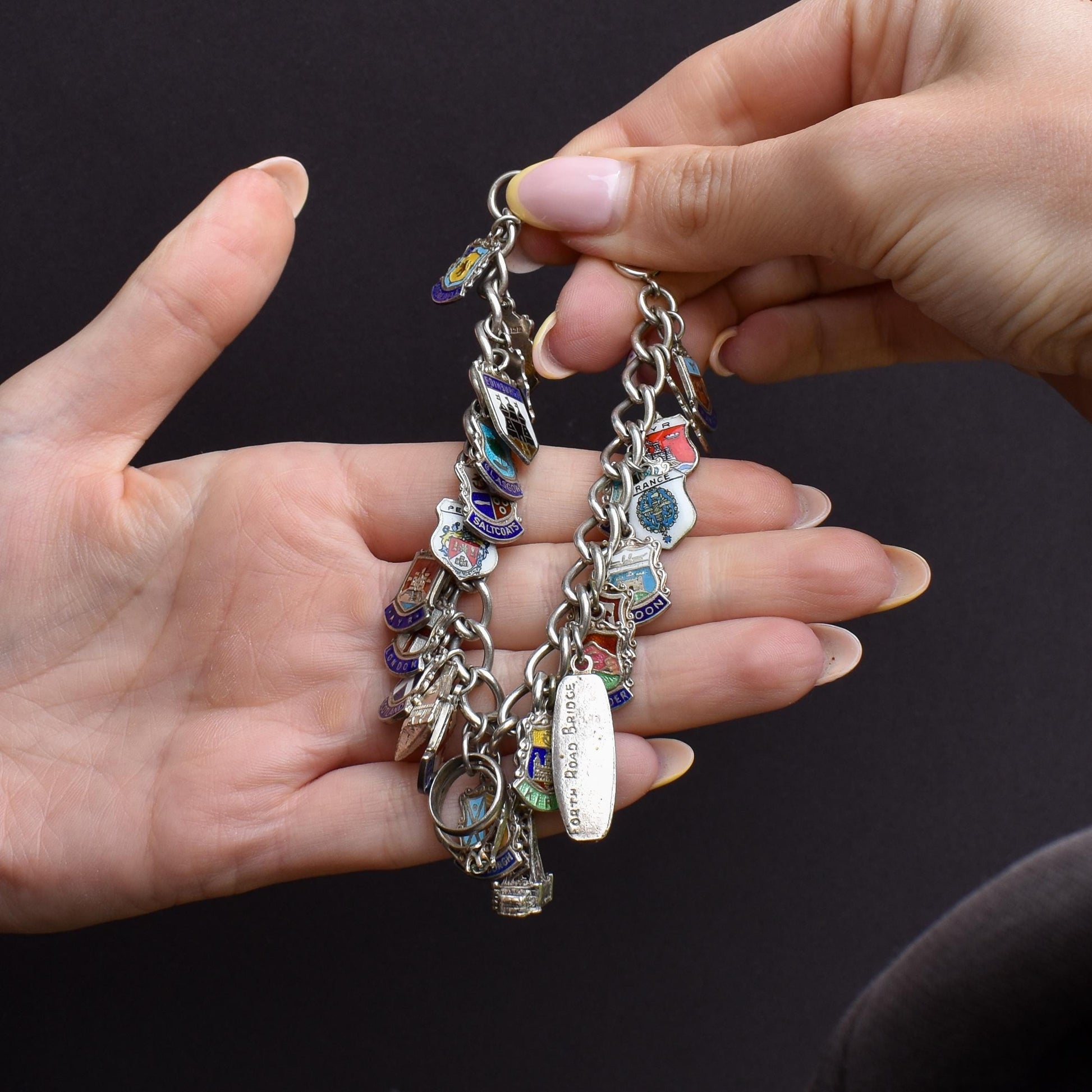 Vintage Sterling Silver Multi-Charm Enamel Tourist Bracelet | 7"