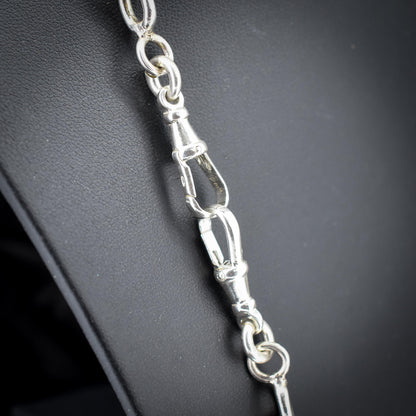 Vintage Sterling Silver Cable Link Watch Chain Necklace with T-Bar and Dog Clips – 21"