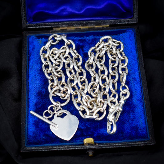 Vintage Sterling Silver Cable Link Watch Chain Necklace with T-Bar and Dog Clips – 21"